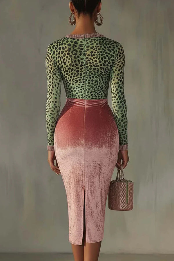 Robe midi moulante en velours stretch patchwork tendance