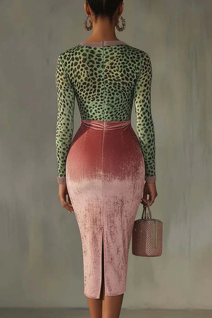 Robe midi moulante en velours stretch patchwork tendance