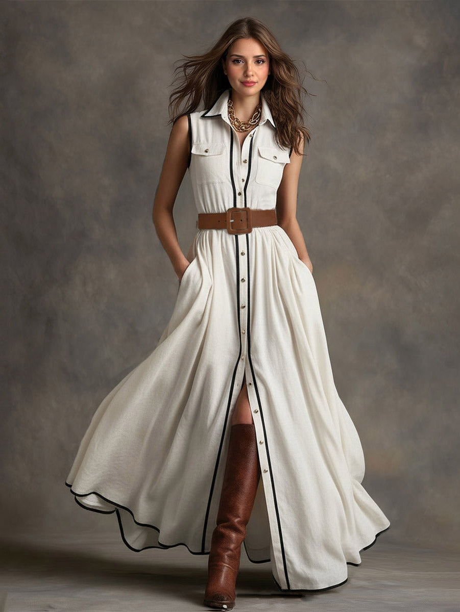 Robe chemise longue ceinturée à passepoils contrastés