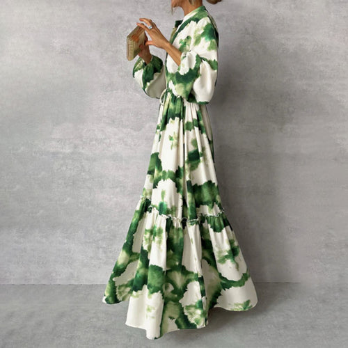 Green long-sleeved V-neck maxi dress