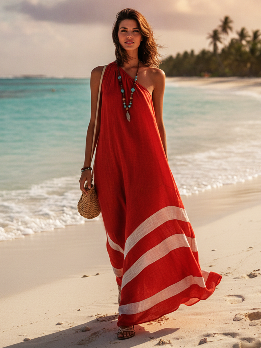 Robe longue ample asymétrique en coton-lin color block, style vacances pour femme