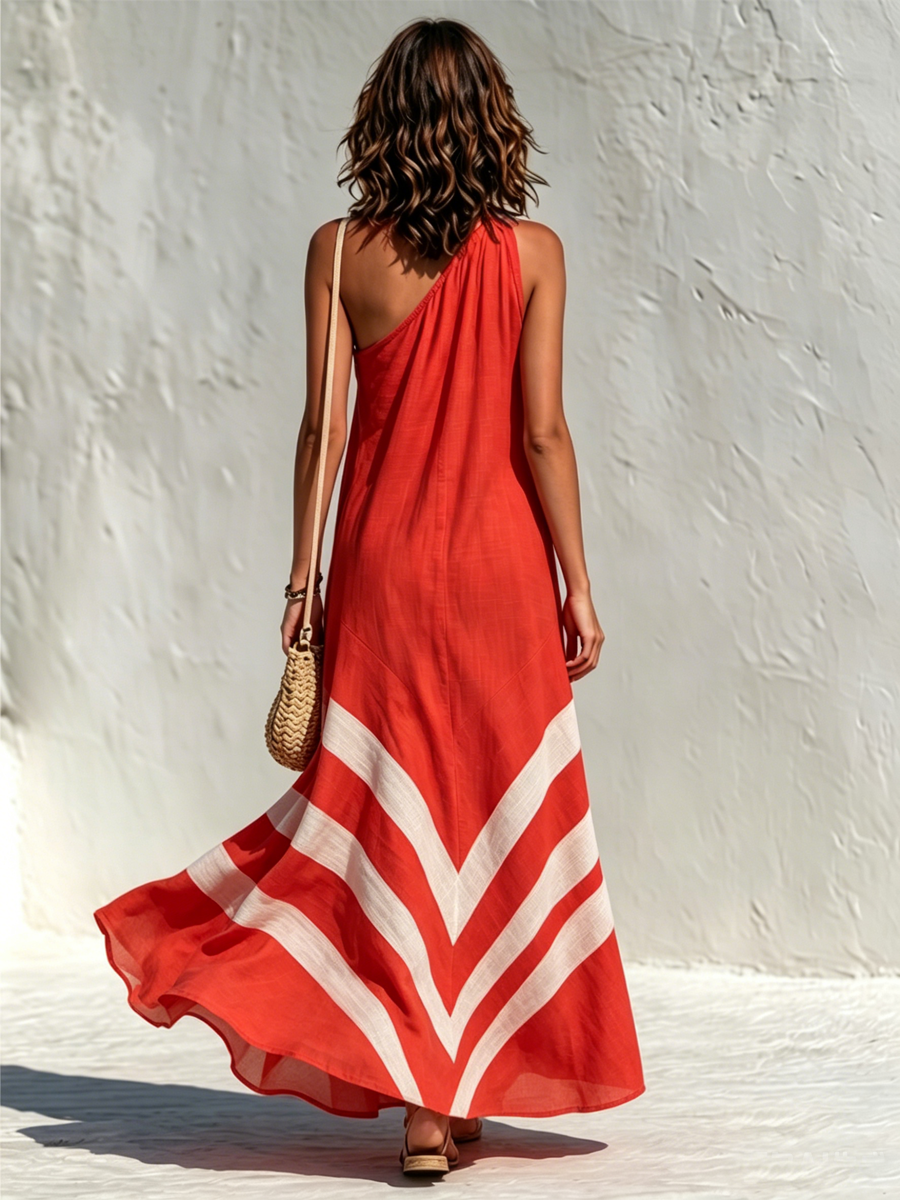 Robe longue ample asymétrique en coton-lin color block, style vacances pour femme