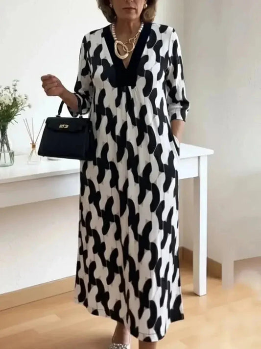 Robe midi élégante à imprimé artistique, col en V et blocs de couleur