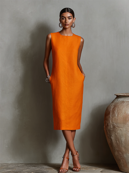 Robe chemise en lin orange pour femme avec encolure ronde sans manches et poches latérales, une robe au style intemporel, minimaliste et élégant