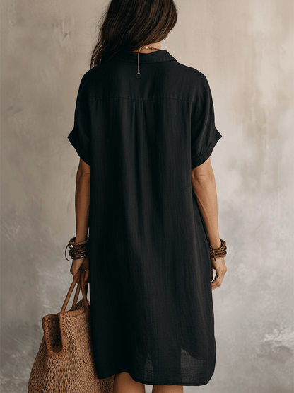 Modern effortless bohemian style black linen casual midi dress