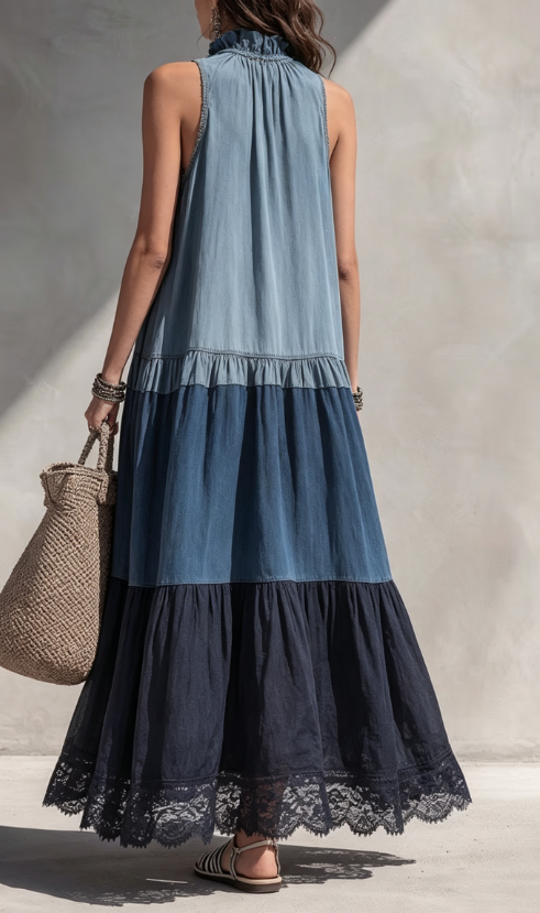 Robe longue en chambray à étages avec blocs de couleur et ourlet en dentelle