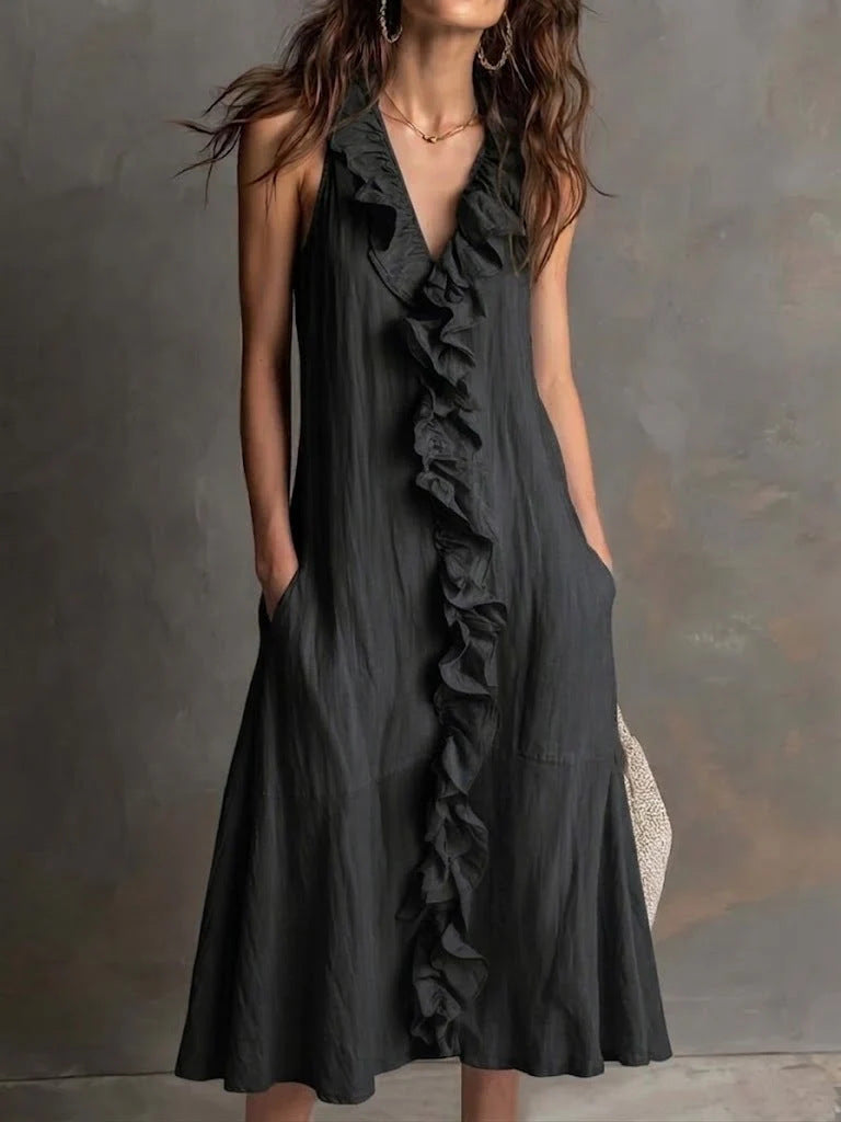 🌿 Robe midi sans manches à col en V volanté