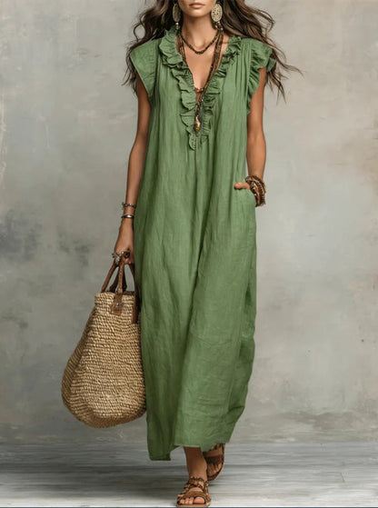 Robe longue bohème en lin à volants et col en V