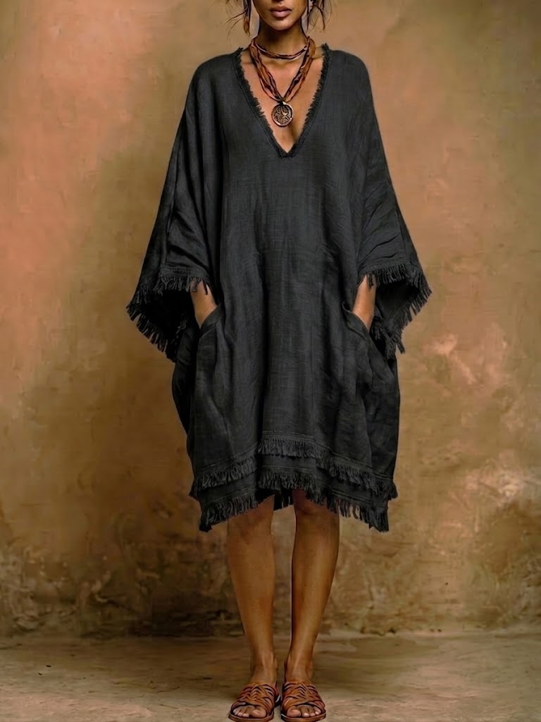 Robe ample en lin et coton effiloché style bohème