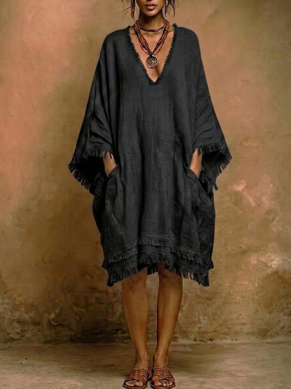 Robe ample en lin et coton effiloché style bohème