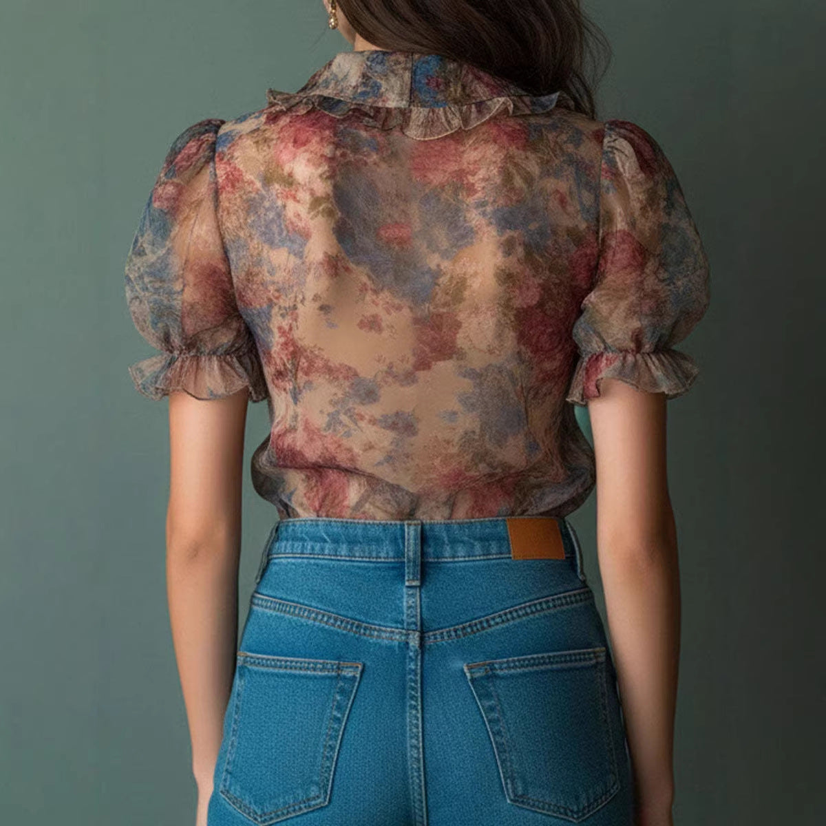 Chemisier transparent à volants floral aquarelle vintage