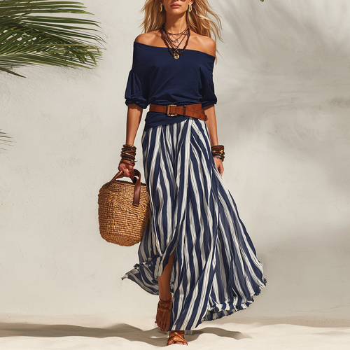Ensemble top épaule dénudée et pantalon rayé marine