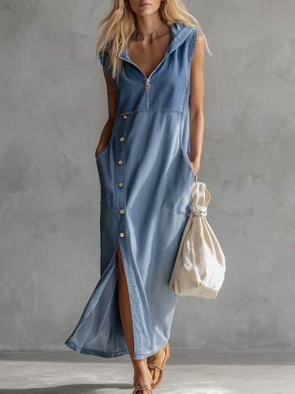 Casual and chic vintage blue denim midi dress with hood, V-neck, zip closure, side slits and buttons