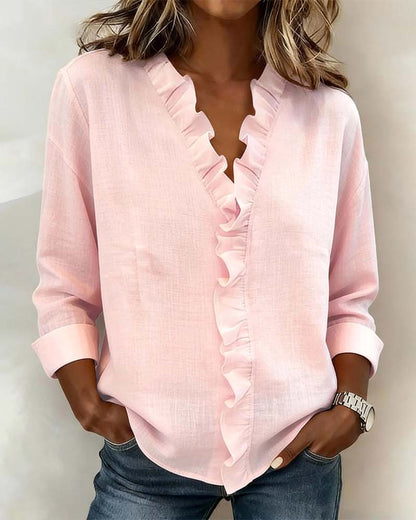 Blouse à manches longues, col V, à volants