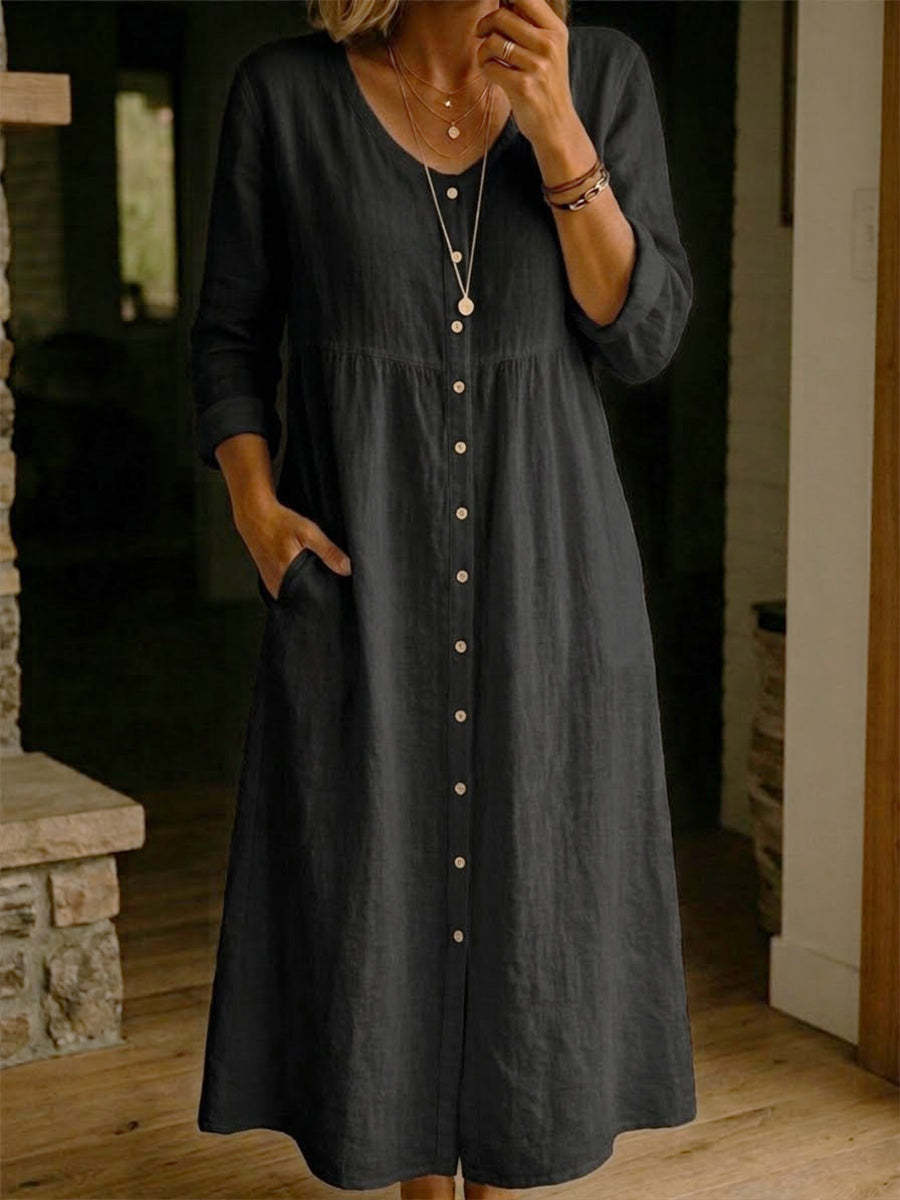 Plain women's dress for spring/autumn, A-line long-sleeved dress
