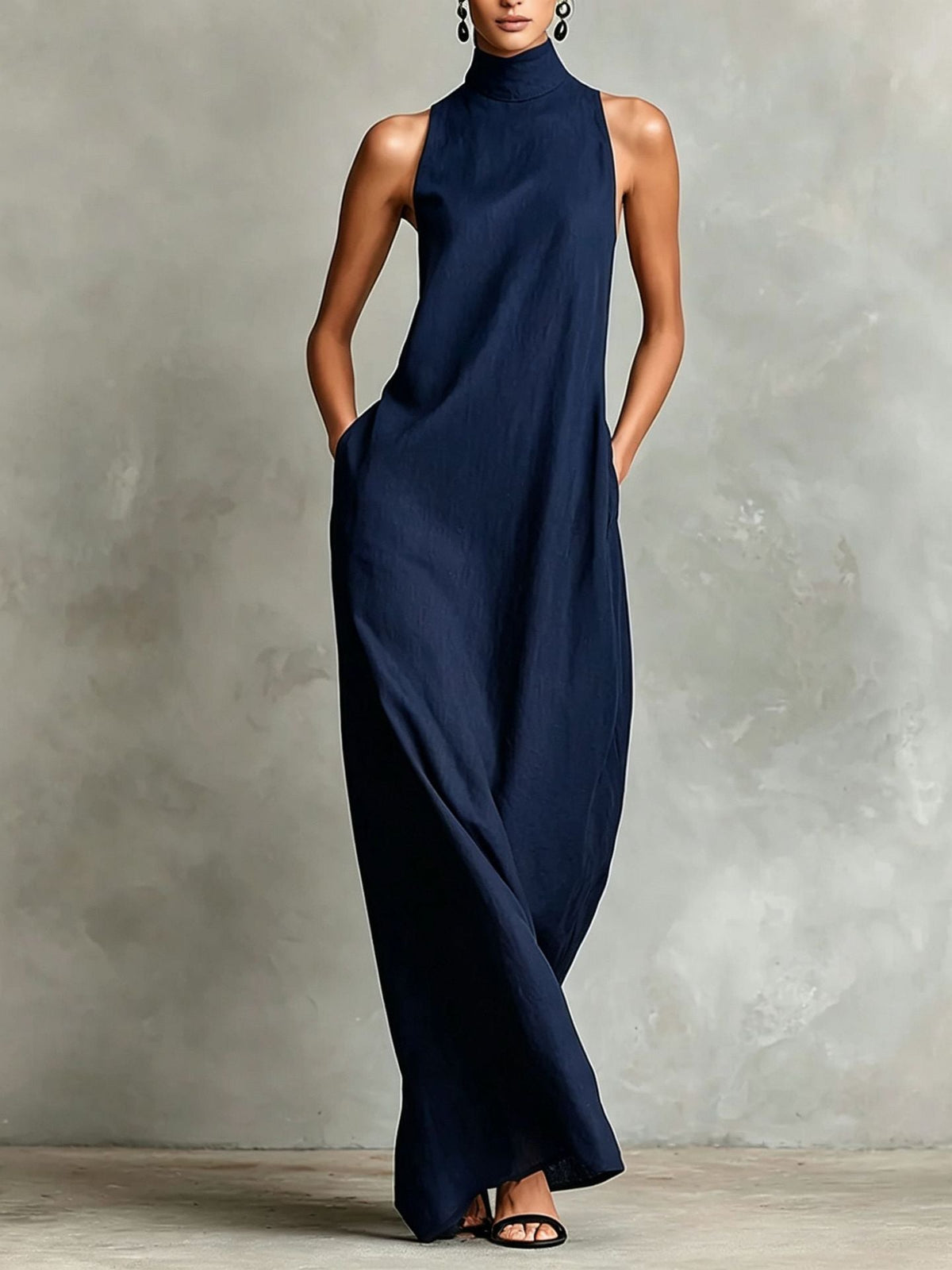 Robe longue sans manches en lin à col montant