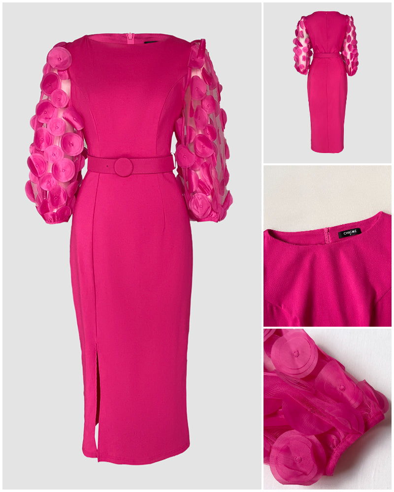 3D Polka Dot Appliqué Mesh Lantern Sleeve Work Dress with Zip Back, Slit, Fitted Waist, and Midi Length Belt