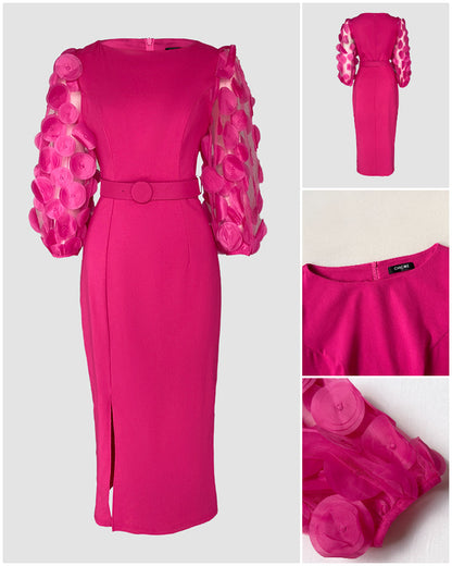 3D Polka Dot Appliqué Mesh Lantern Sleeve Work Dress with Zip Back, Slit, Fitted Waist, and Midi Length Belt