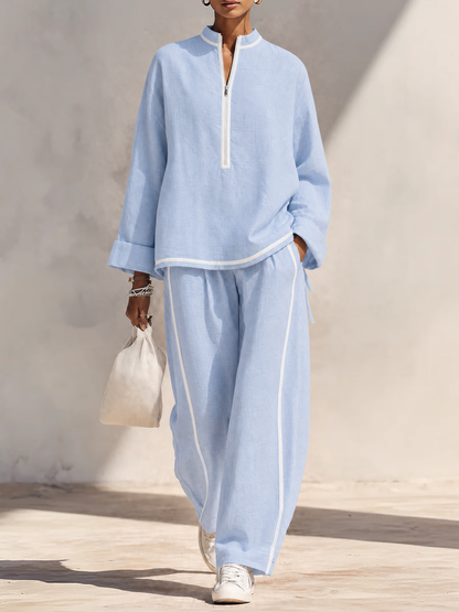 Ensemble ample femme en lin bleu clair avec haut col montant mi-zippé et pantalon large
