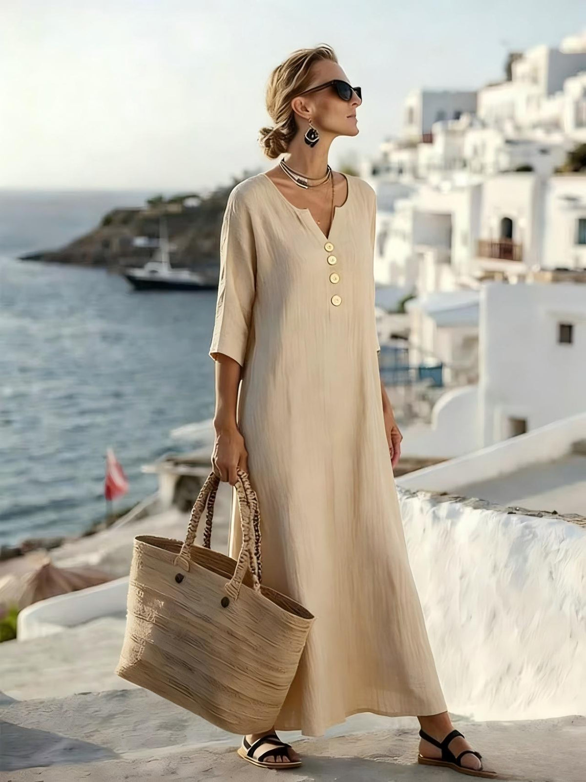 Robe longue décontractée en mélange de lin à col en V