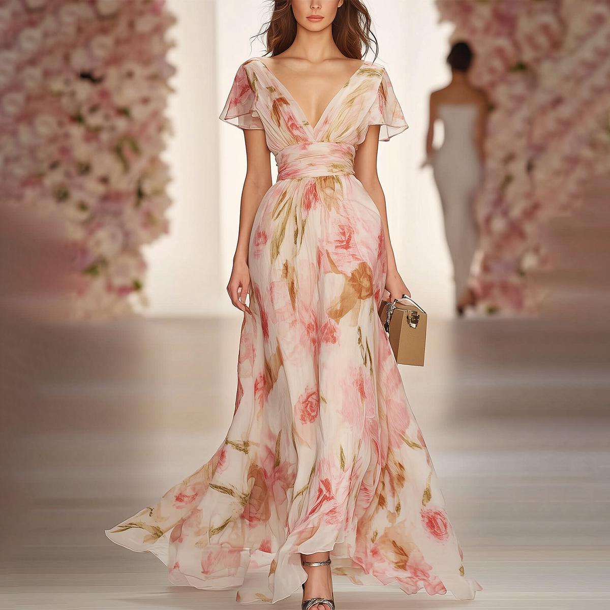 Pink short-sleeved V-neck maxi dress