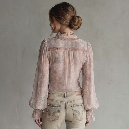 Blouse rétro-vintage transparente sienne à motifs cachemire et bordure en dentelle