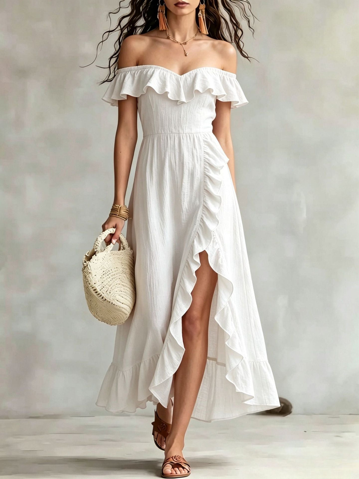 Robe longue fluide d'été en coton à épaules dénudées, à volants et froncée pour femme