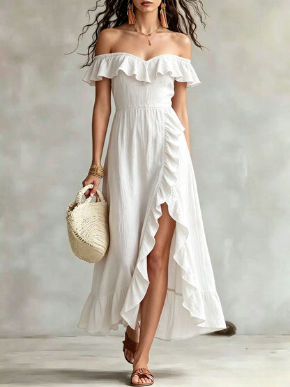 Robe longue fluide d'été en coton à épaules dénudées, à volants et froncée pour femme