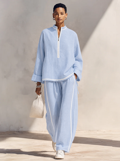 Ensemble ample femme en lin bleu clair avec haut col montant mi-zippé et pantalon large