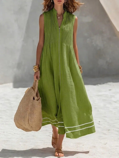 Robe midi sans manches en lin à col montant, plis et fermeture éclair sur le devant