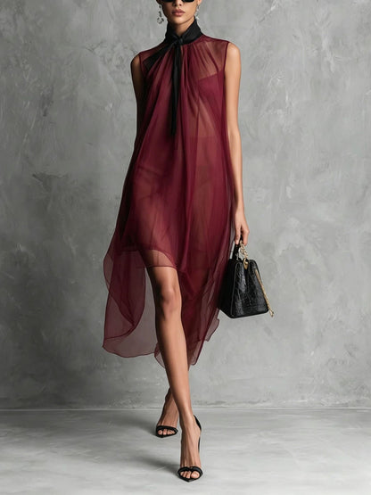 Robe midi asymétrique sans manches en maille transparente avec col à nouer