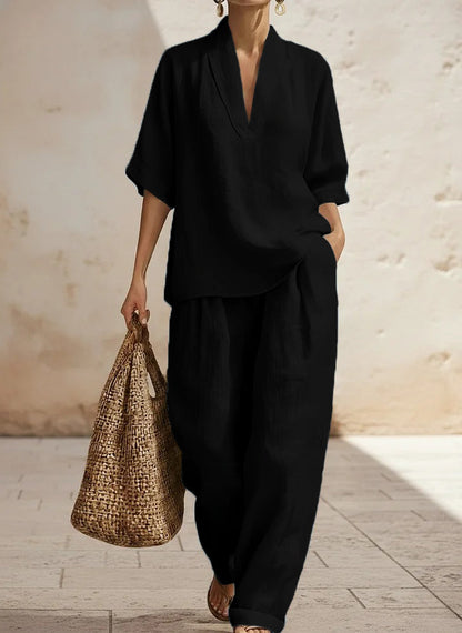 Nouvel arrivage🔥 Ensemble deux pièces décontracté, confortable et minimaliste en lin pour femme