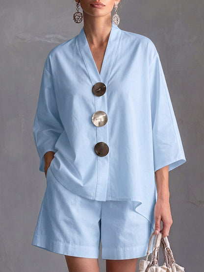 Ensemble décontracté pour femme, haut ample en coton et lin à manches 3/4 et col en V, et short taille haute à jambes larges