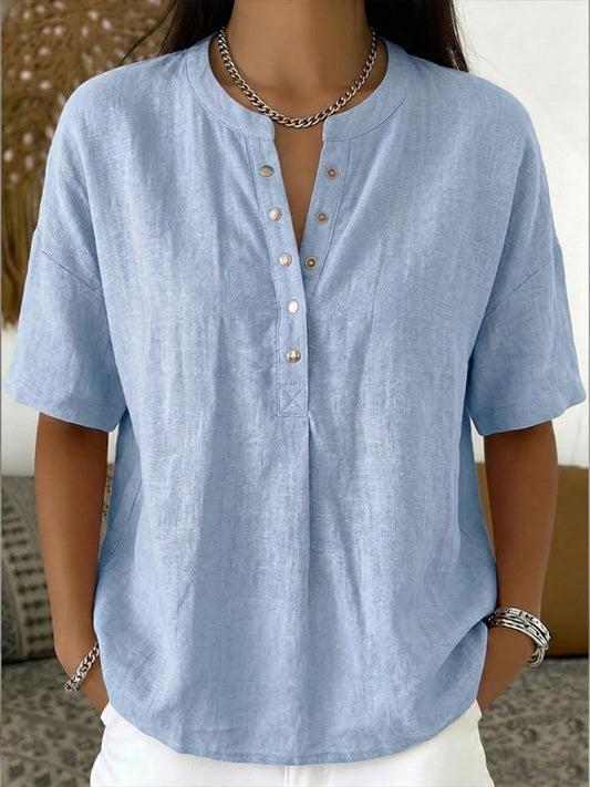Nouveautés🔥 Women's Casual Henley Shirt, Short-Sleeved Linen and Cotton