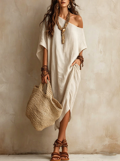Robe femme coton et lin asymétrique ample manches chauve-souris mi-longue fendue pour les vacances