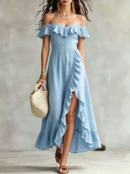 Robe longue fluide d'été en coton à épaules dénudées, à volants et froncée pour femme