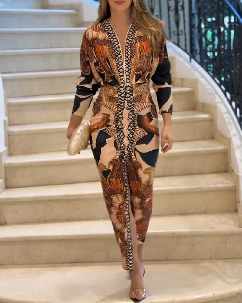 Vintage Baroque Deep Neck Bodycon Dress, Long Sleeves with Slit, Pleated and Fitted for the Holidays