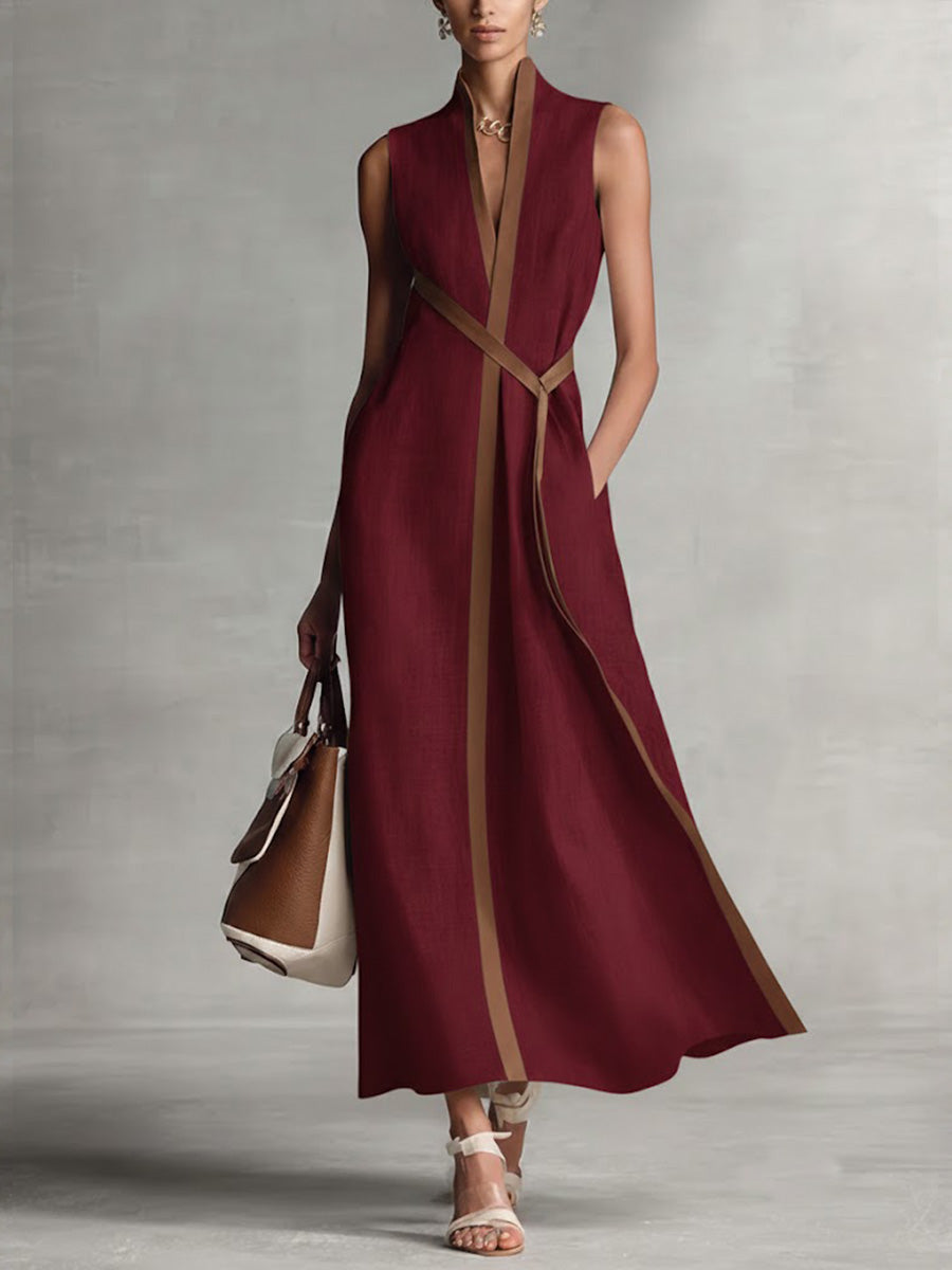 Robe décontractée sans manches ample en coton et lin à col montant pour femme