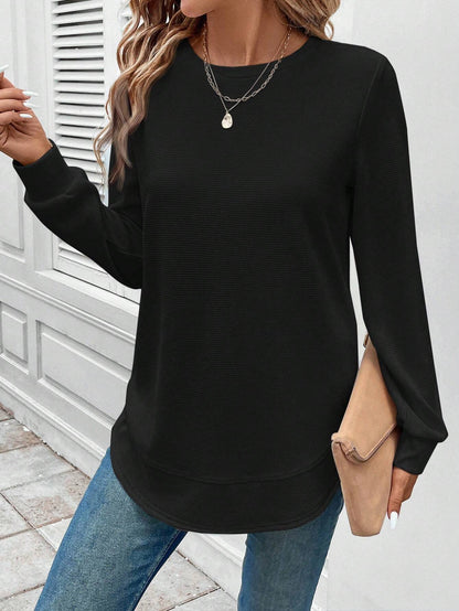 Round-neck, long-sleeved, solid-colour top