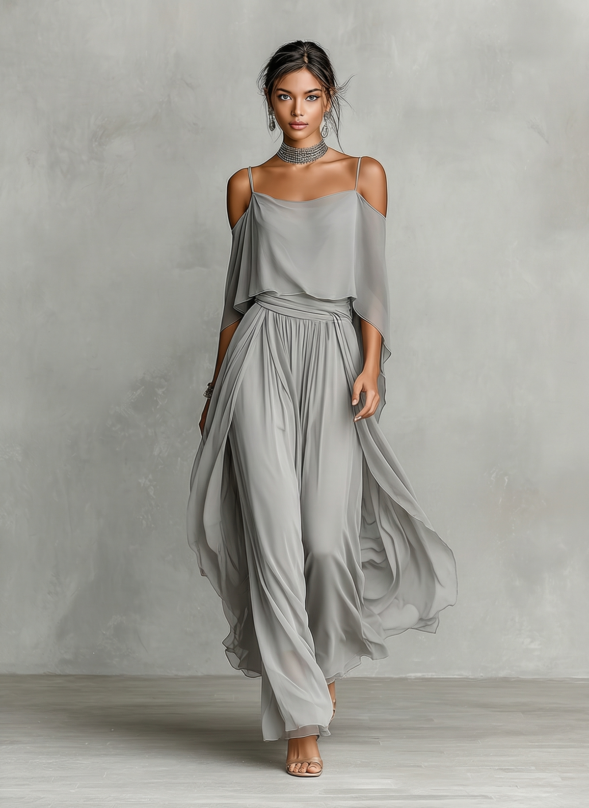 Robe longue femme grise en mousseline respirante avec détail épaules dénudées et silhouette évasée