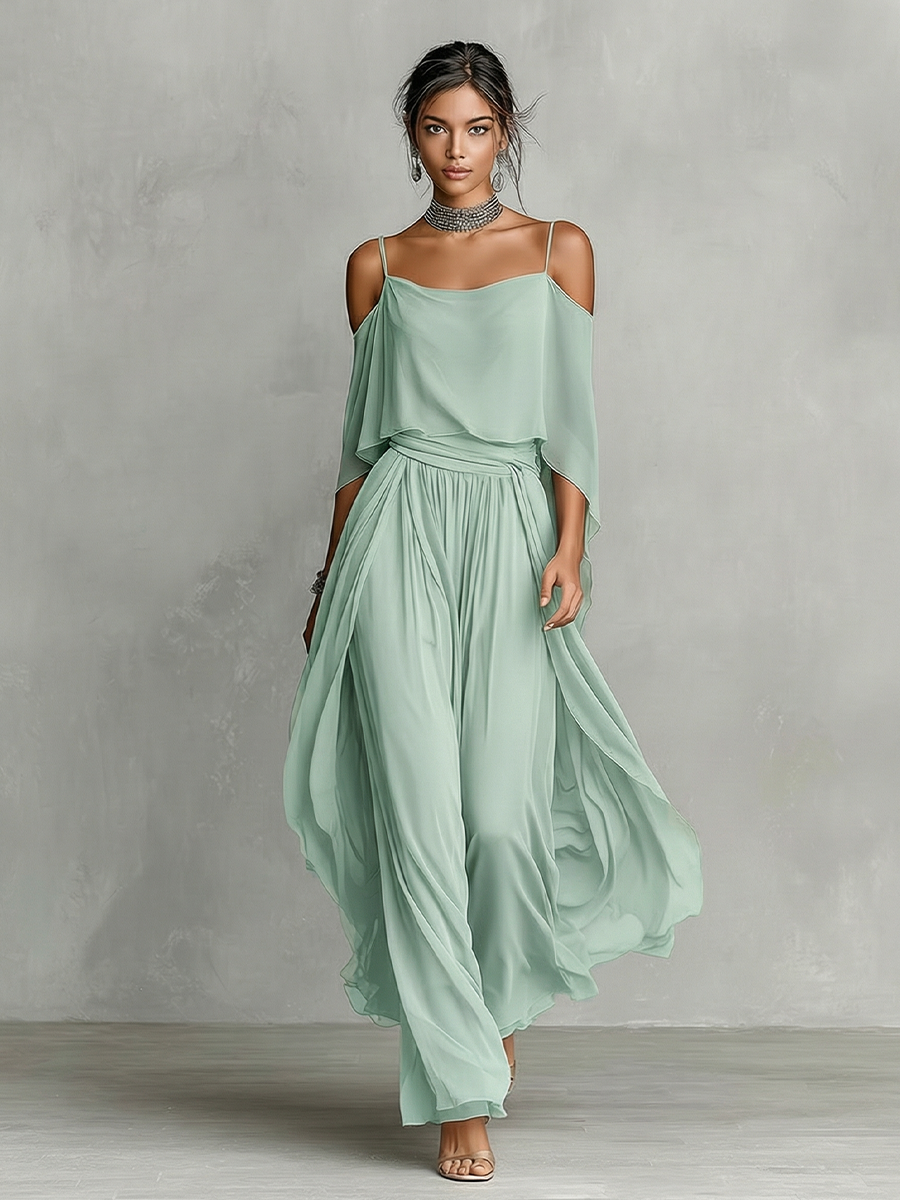 Robe longue femme grise en mousseline respirante avec détail épaules dénudées et silhouette évasée