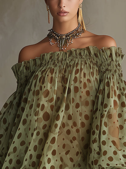 Mini-robe en mousseline de soie à pois pour femme, épaules dénudées et manches longues bouffantes