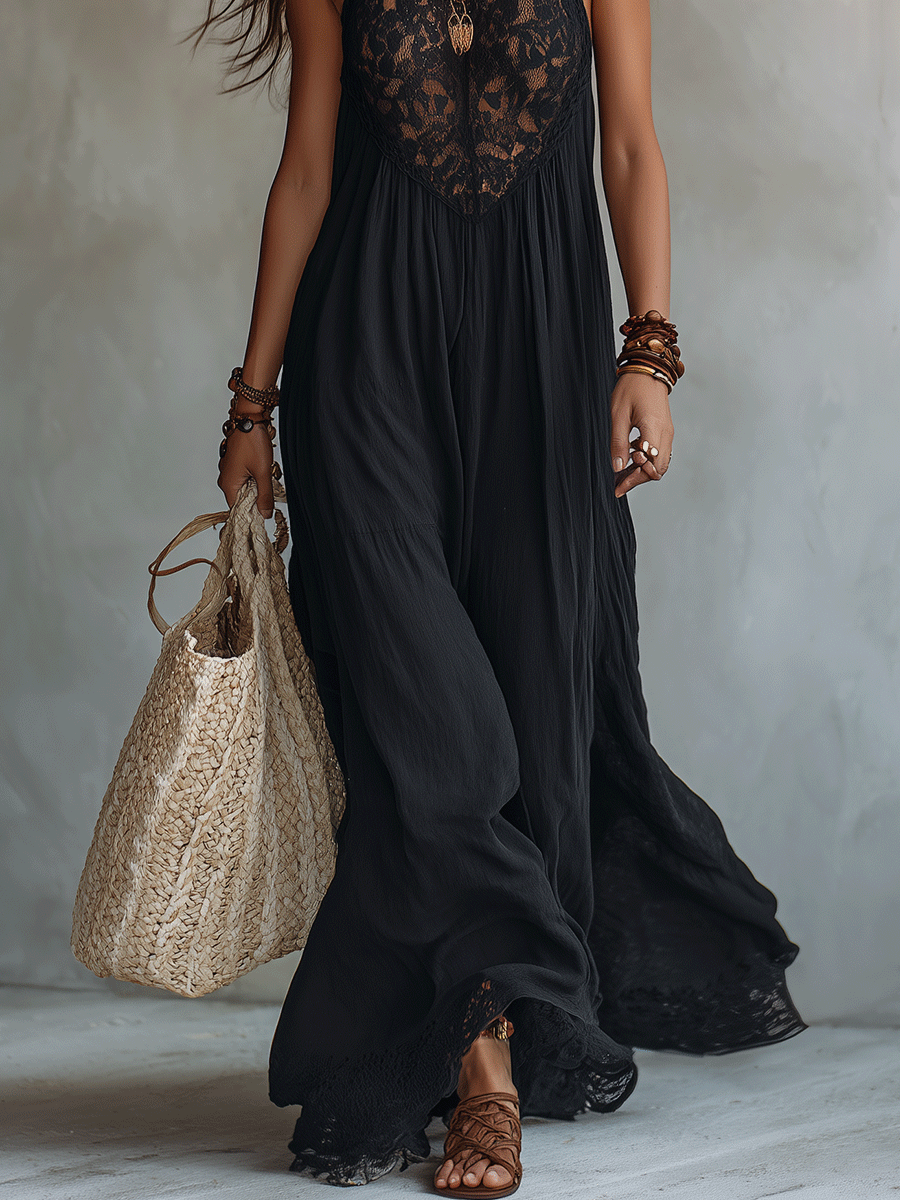 Robe longue de soirée élégante bohème sans manches fluide et spectaculaire