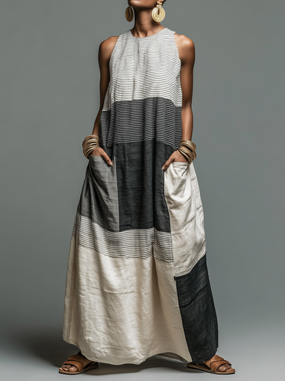 Robe longue sans manches en lin mélangé à rayures color block avec poches pour femme