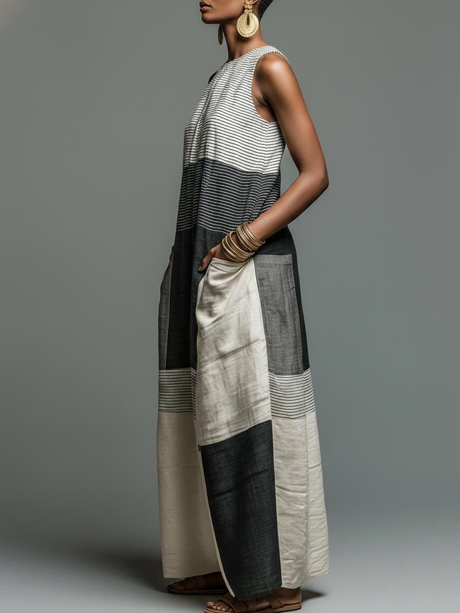 Robe longue sans manches en lin mélangé à rayures color block avec poches pour femme