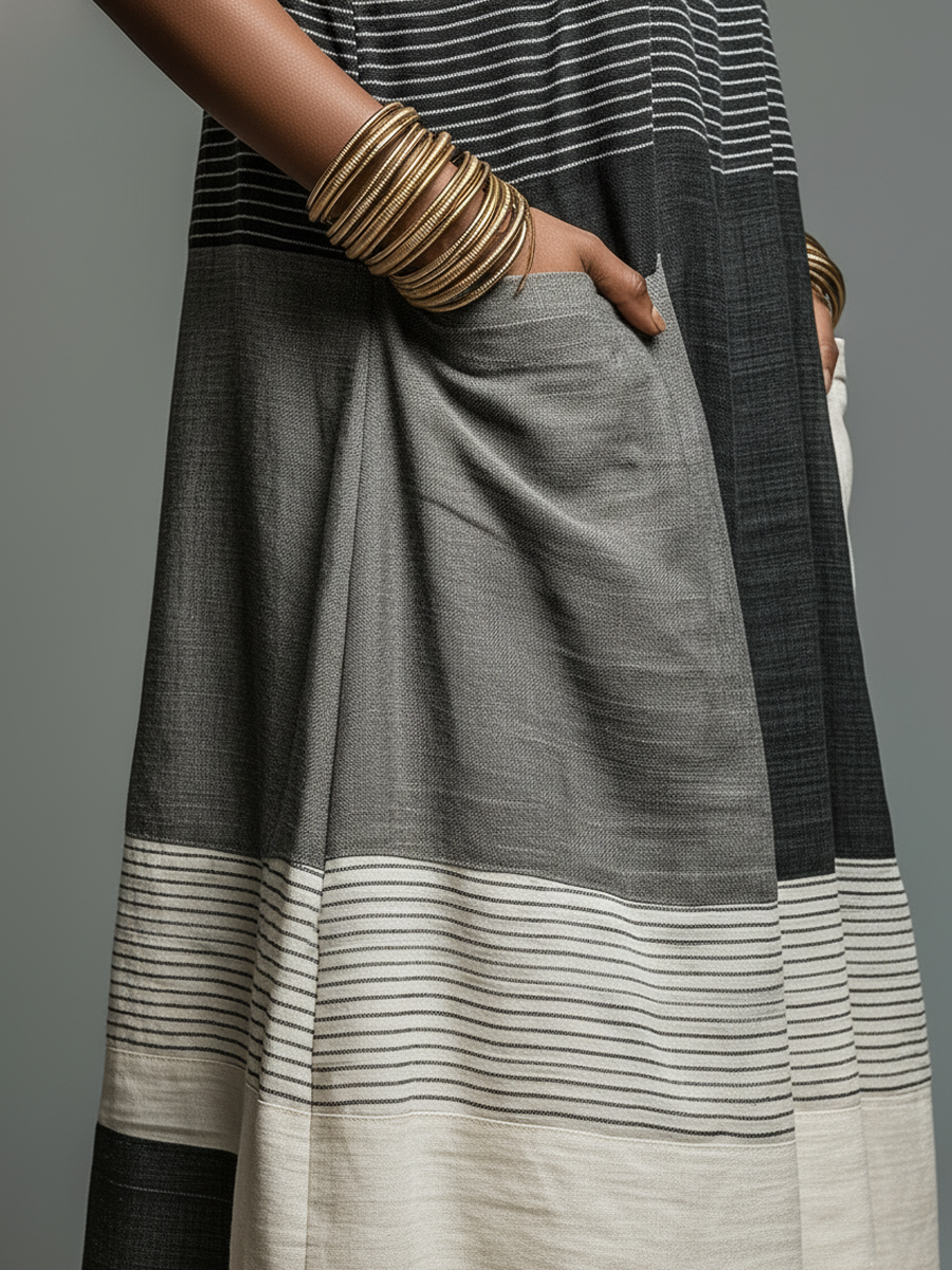 Robe longue sans manches en lin mélangé à rayures color block avec poches pour femme