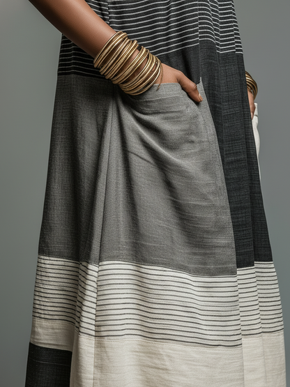 Robe longue sans manches en lin mélangé à rayures color block avec poches pour femme