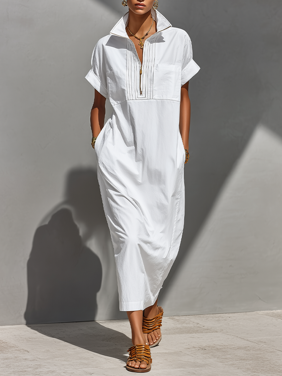 Robe Chemise Longue Blanche en Coton 100% pour Femme avec Col Semi-Zippé et Manches Retroussées, Robe Décontractée Intemporelle pour Tous les Jours