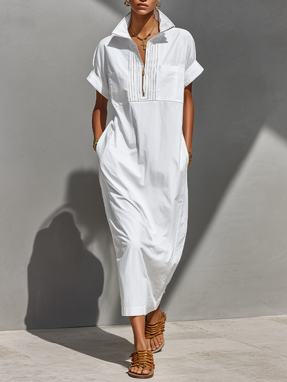 Robe Chemise Longue Blanche en Coton 100% pour Femme avec Col Semi-Zippé et Manches Retroussées, Robe Décontractée Intemporelle pour Tous les Jours