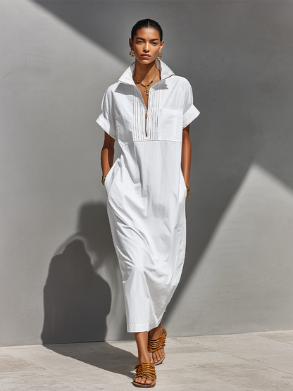 Robe Chemise Longue Blanche en Coton 100% pour Femme avec Col Semi-Zippé et Manches Retroussées, Robe Décontractée Intemporelle pour Tous les Jours